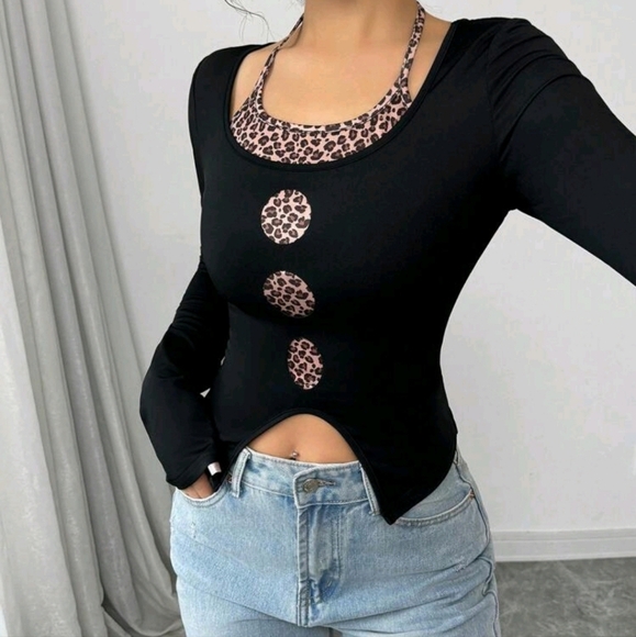 Women's Sleeveless Leopard Print Contrast Color Halter Neck Vintage T-Shirt - Picture 1 of 4